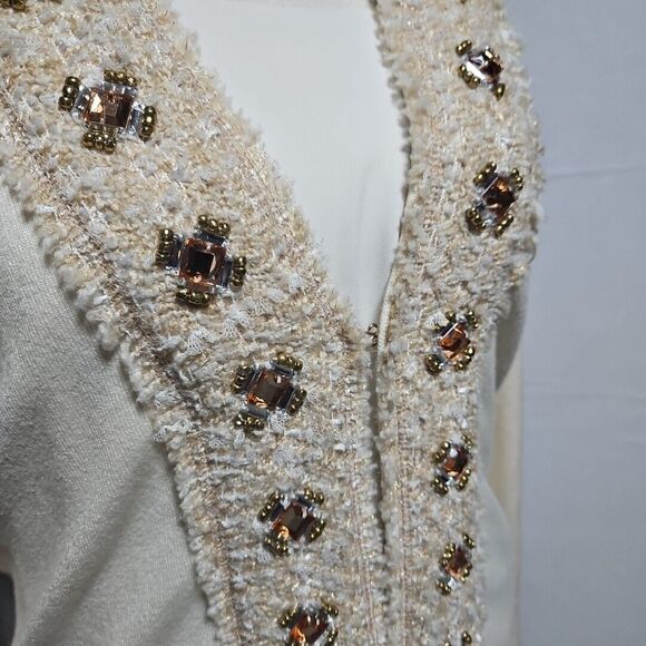 Boston Proper Cream Knit Embellished Cardigan With Beads, Size Med Eclectic Glam - Picture 2 of 13